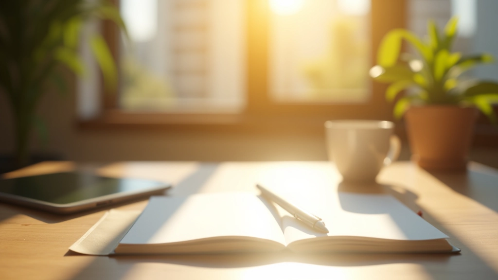 Modern personal development workspace with inspirational materials and natural lighting