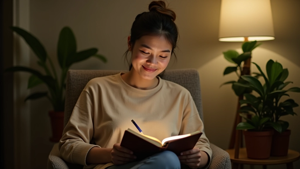Person journaling in quiet corner with plants and warm lighting
