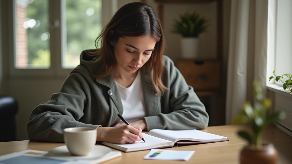 Person writing in journal with focused expression, cup of tea nearby, peaceful home environment