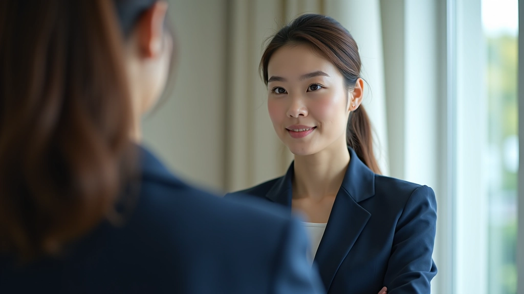 Woman practicing public speaking in front of mirror, professional attire, concentrated expression, bright indoor space